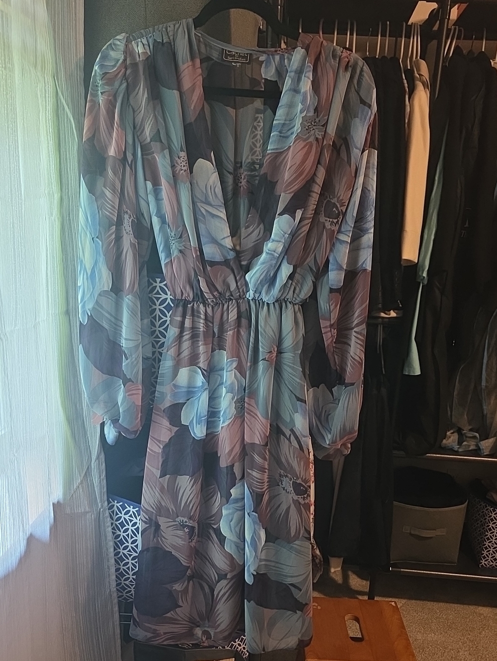 Sheer Floral V-Neck Midi Dress in Blue & Mauve